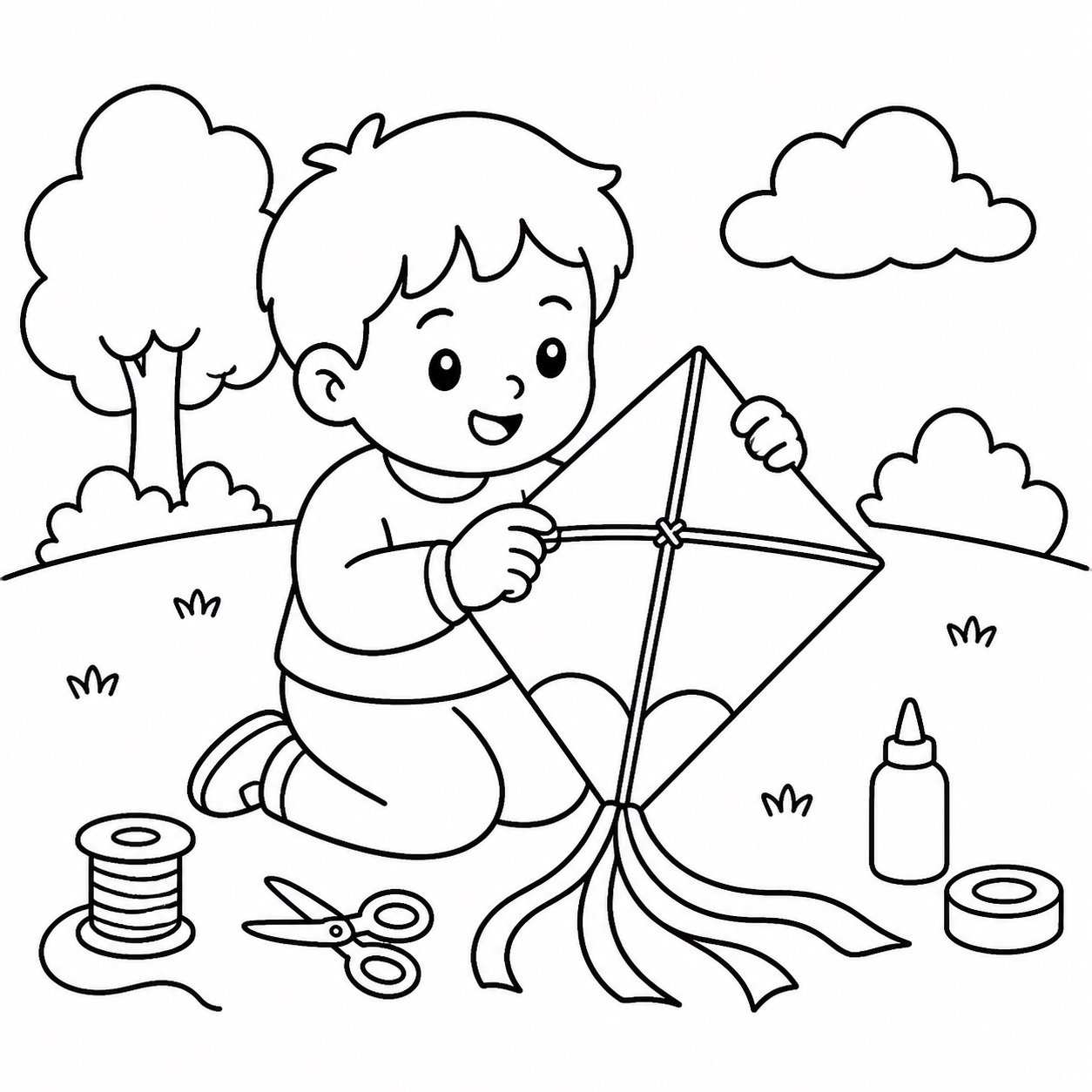 El niño hace una cometa de papel
