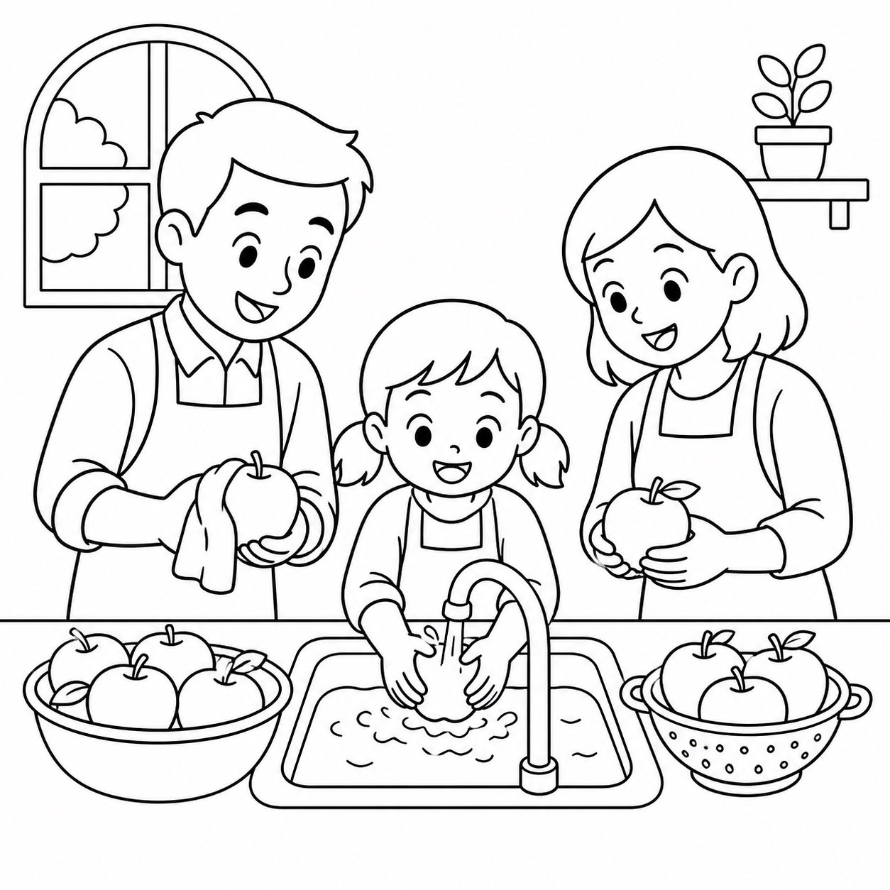 Crianças e familiares lavando maçãs