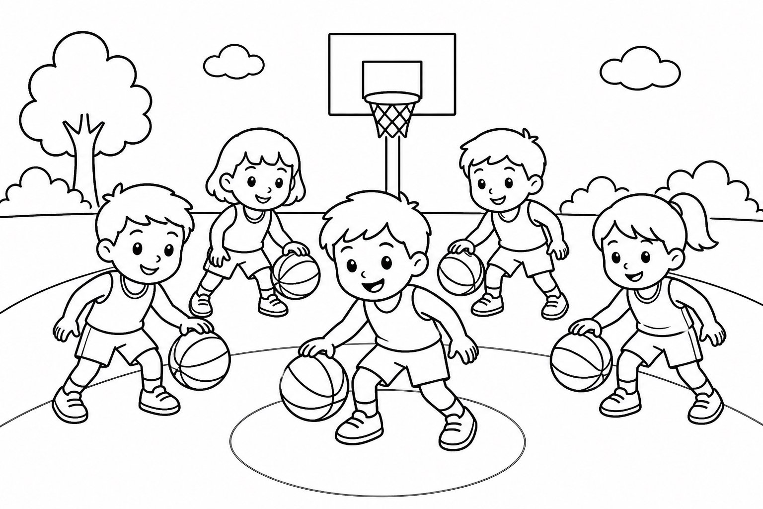 Equipe de basquete treinando dribles