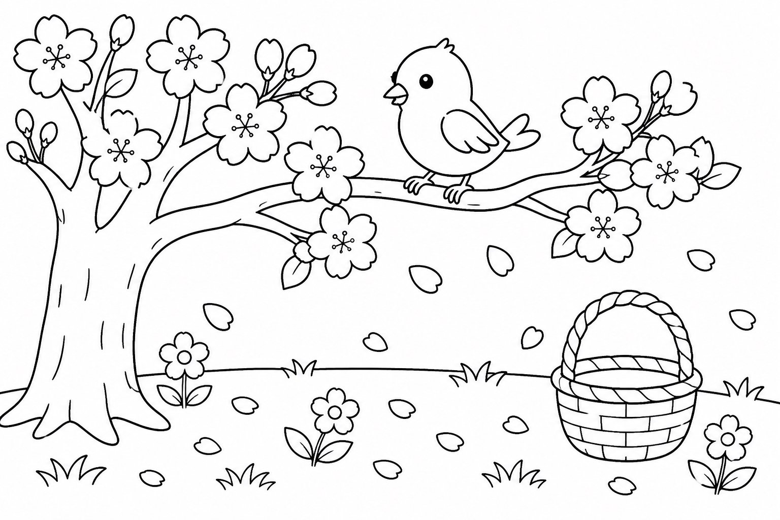 Kleiner Vogel unter einem Kirschblütenbaum