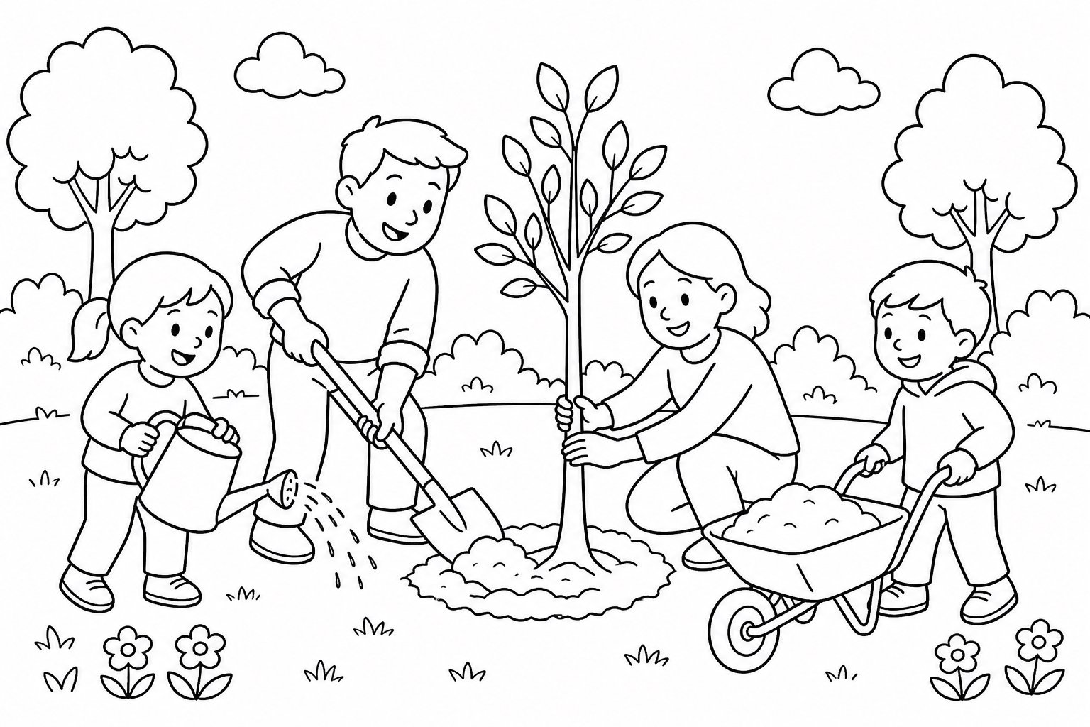 Vecinos plantando un árbol juntos