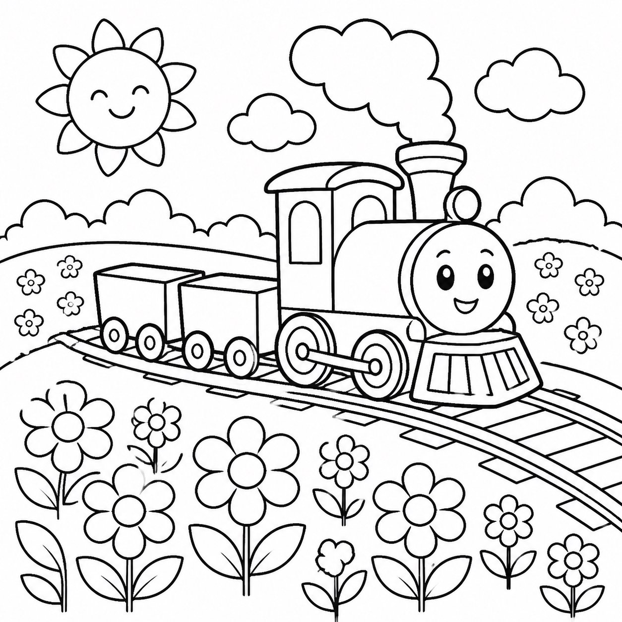 Le petit train traverse un champ de fleurs