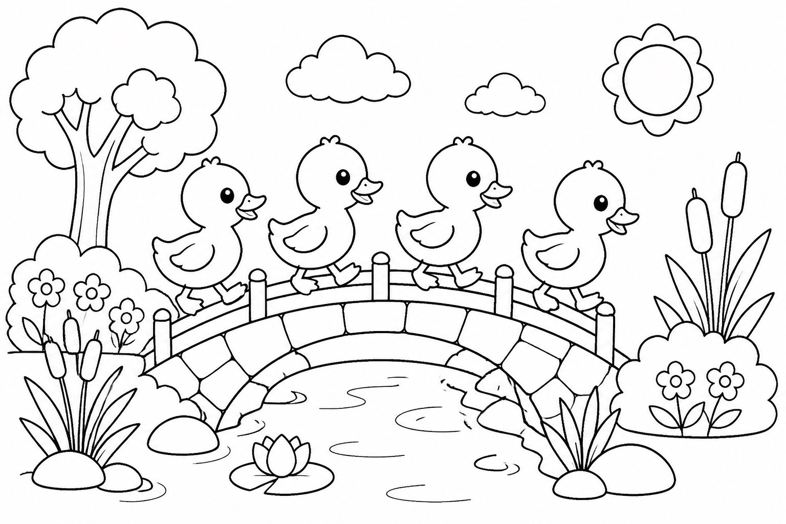 El patito se pone en fila para cruzar un pequeño puente