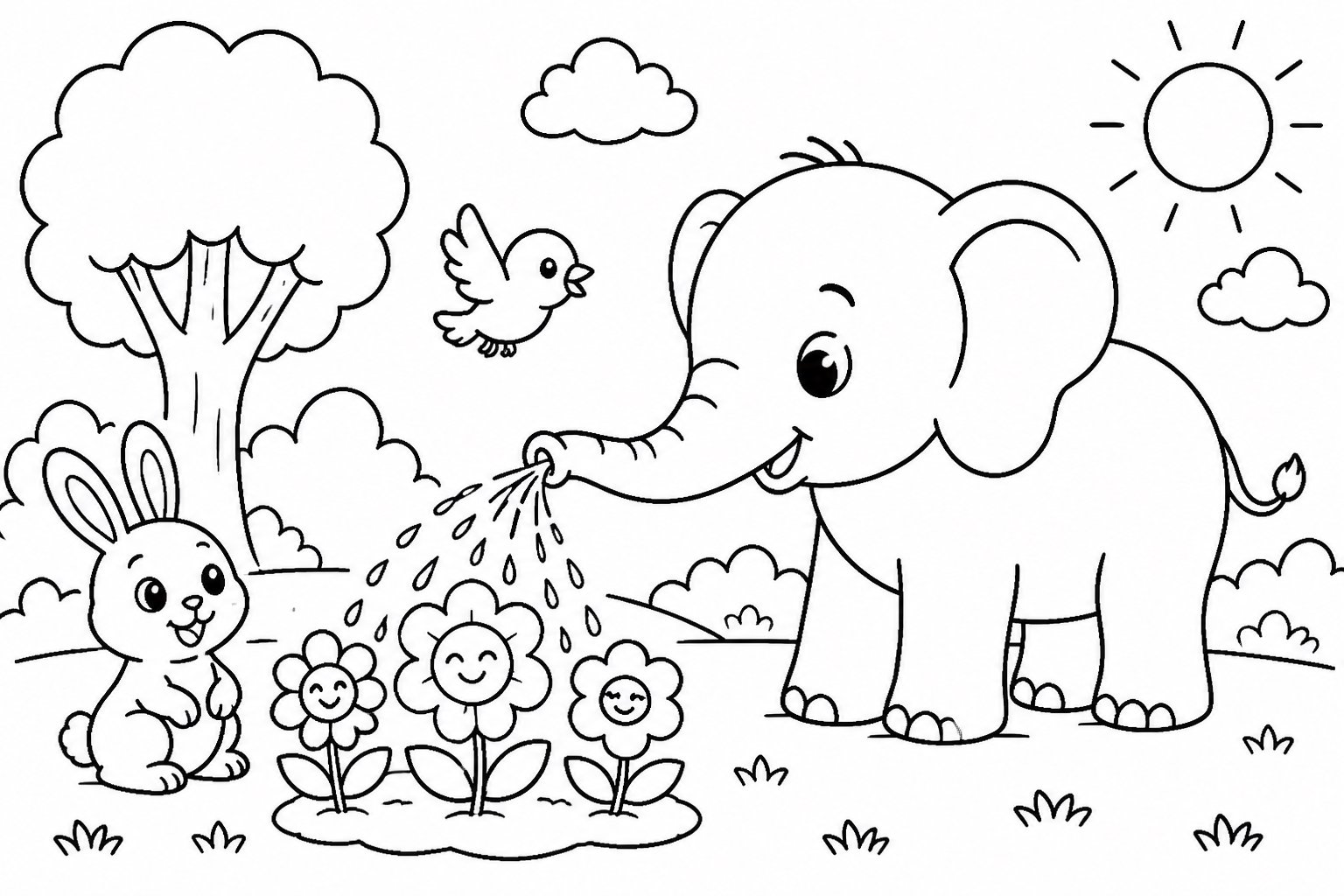 El elefante riega las flores con la trompa