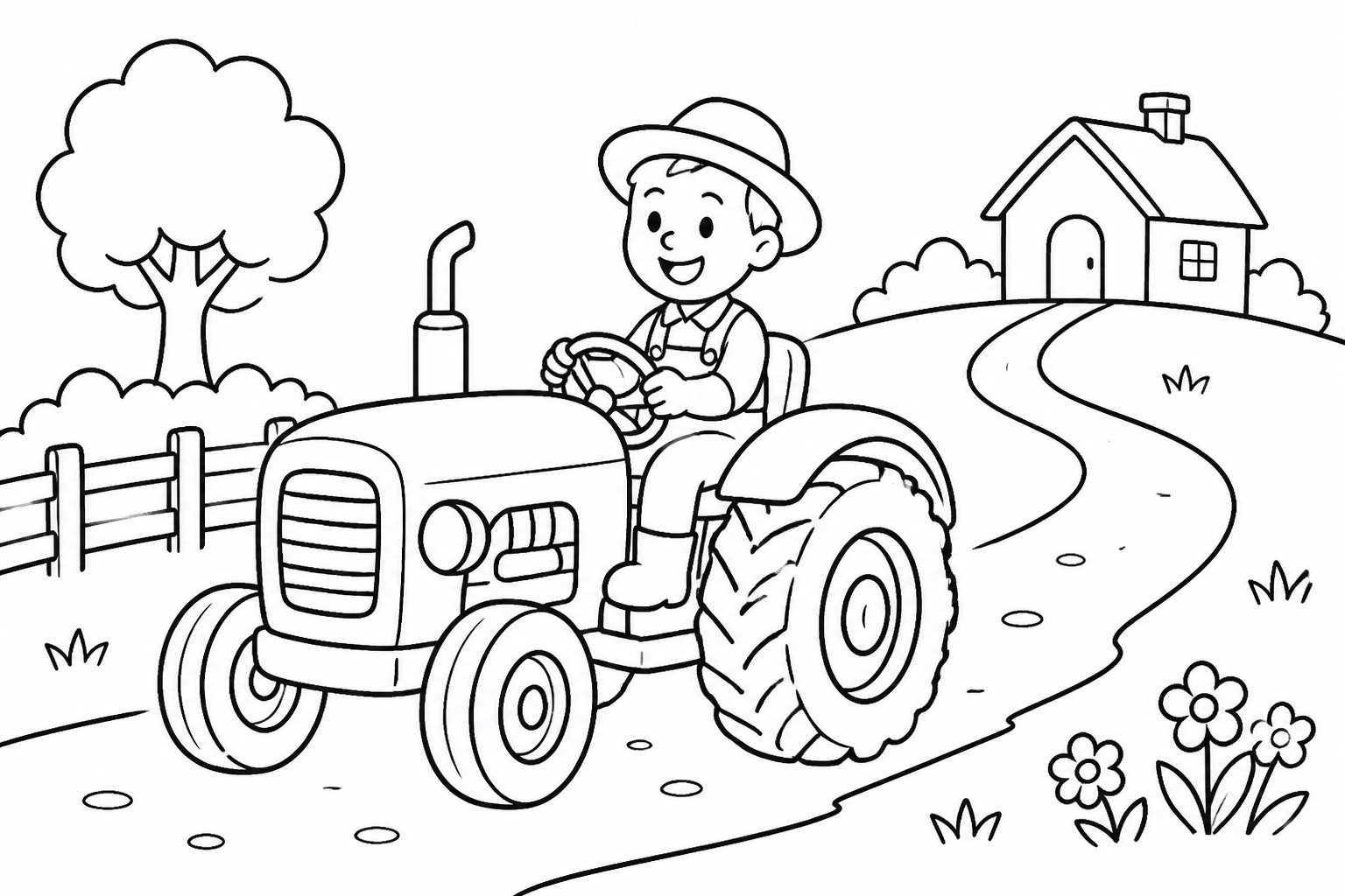 Le tracteur roule sur le chemin de campagne