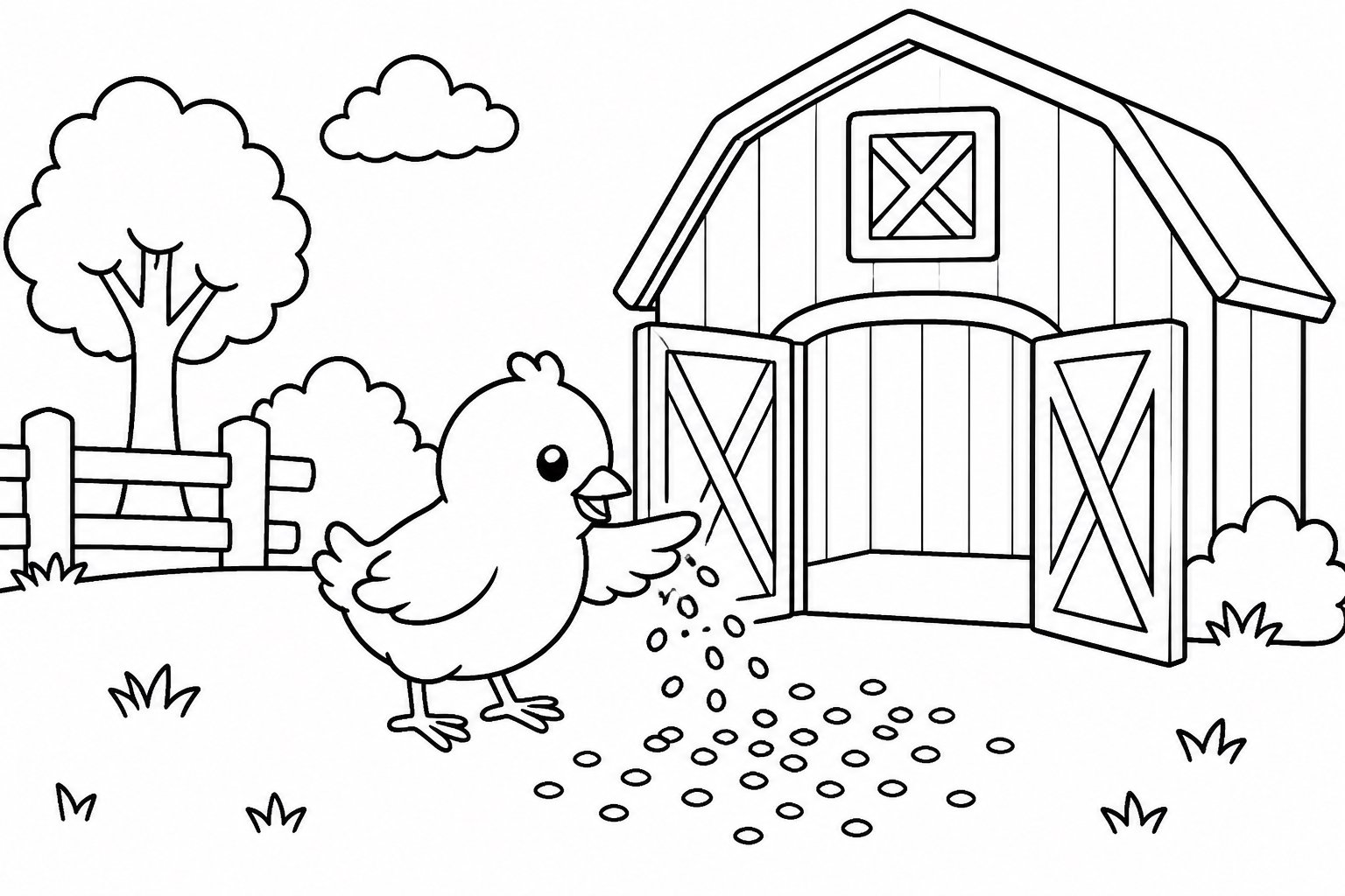 El pollito esparce grano en la puerta del granero