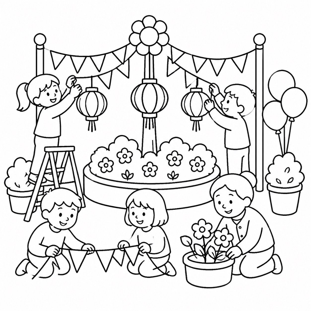 Vecinos decorando la plaza juntos