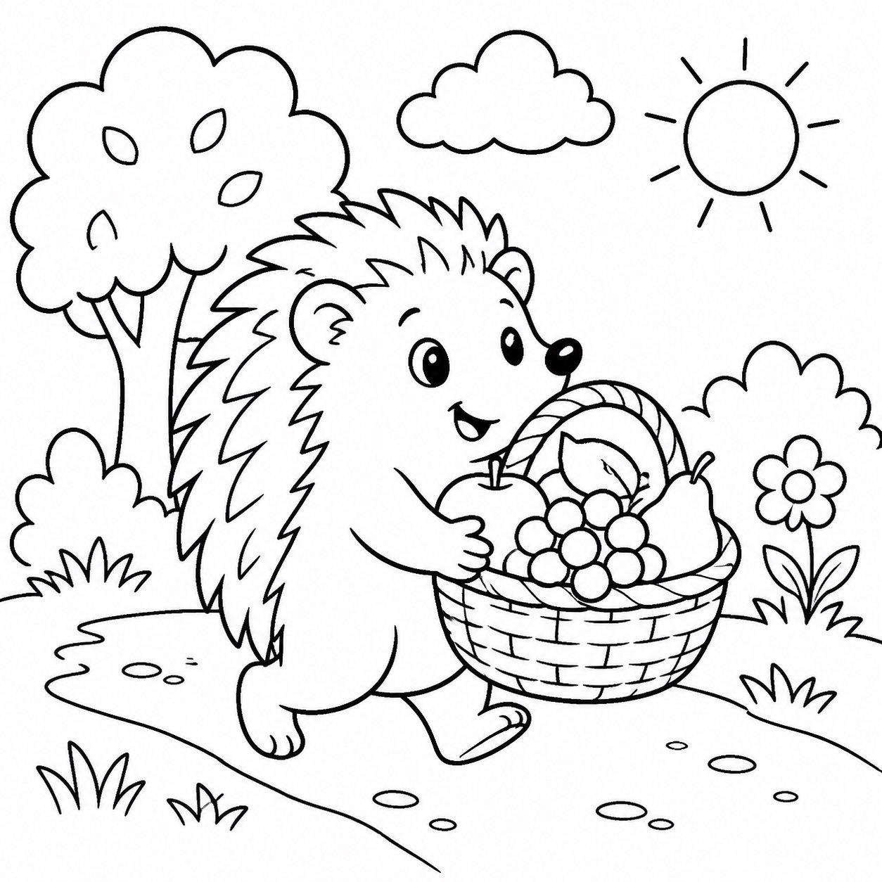 Erizo llevando una cesta de frutas