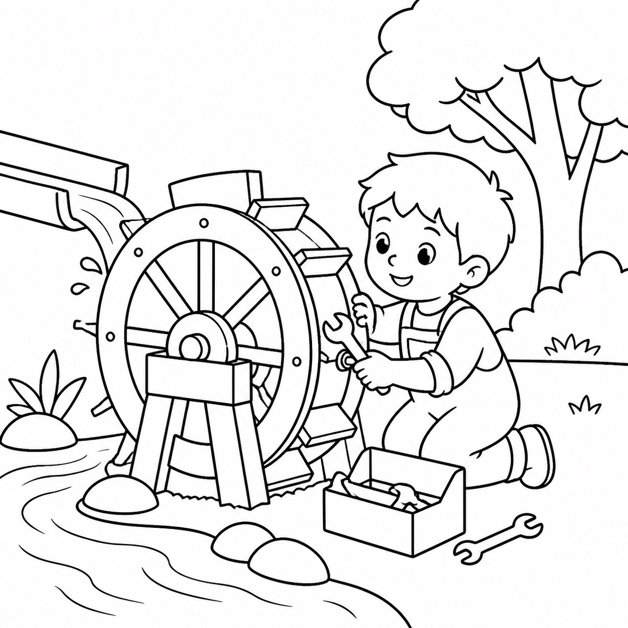 Niños reparando una rueda de agua