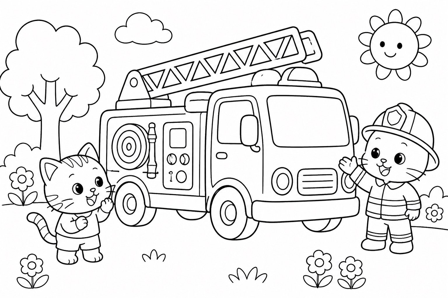 Chaton visitant un camion de pompiers