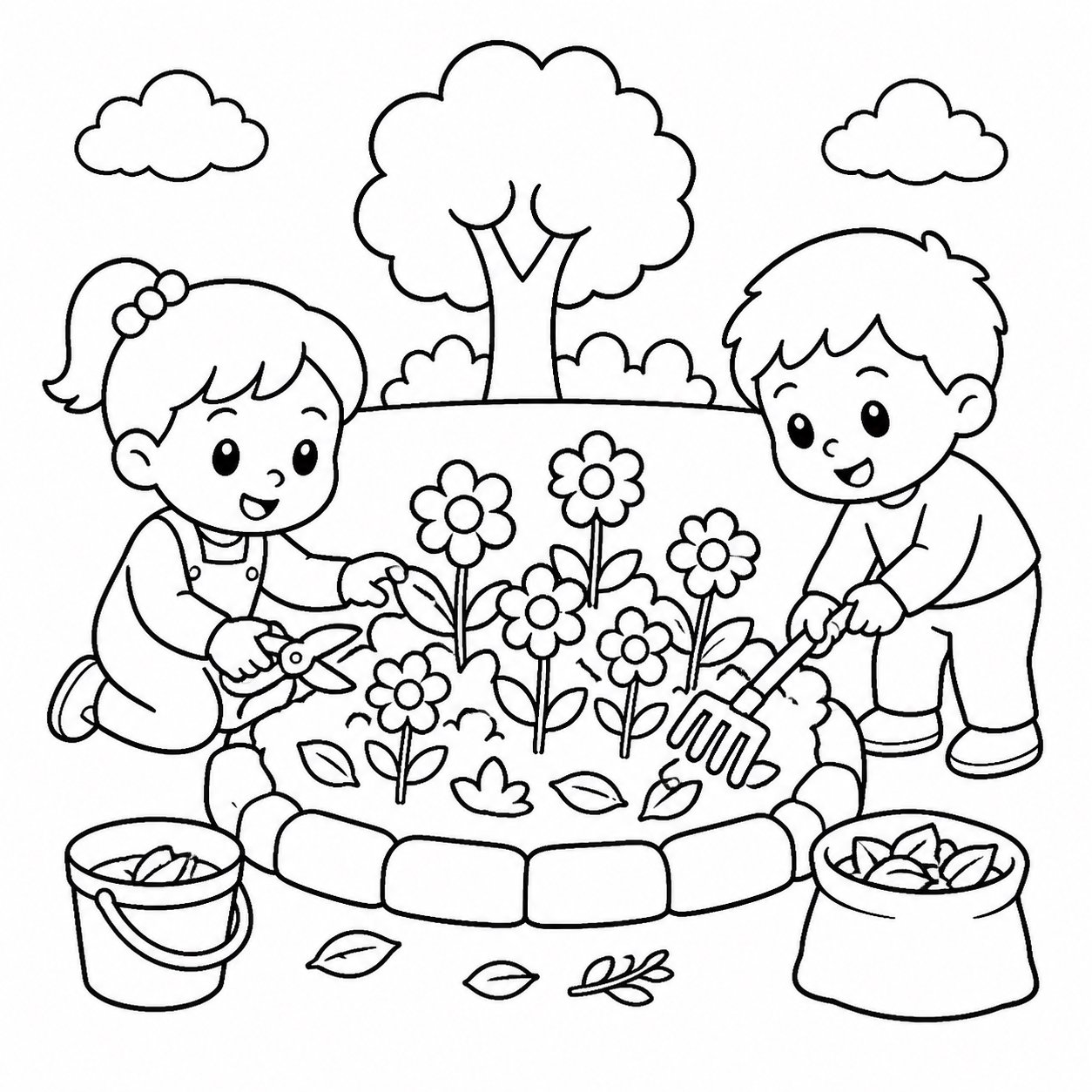 花壇を整える子どもたち