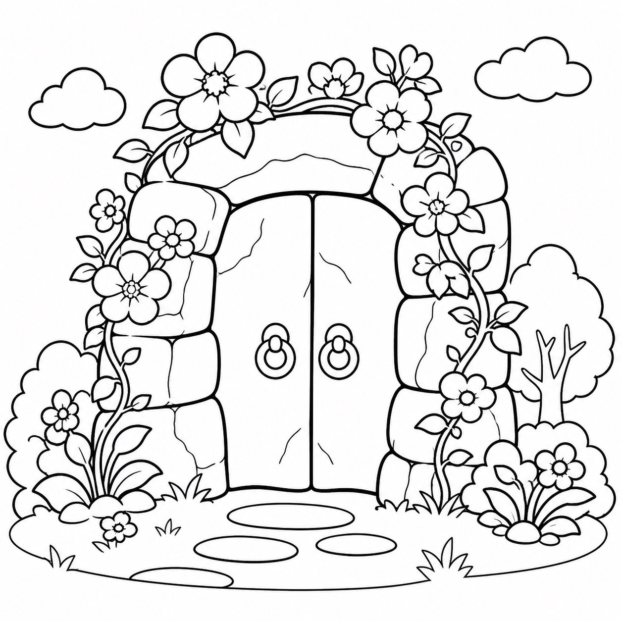 Puerta de piedra cubierta de flores