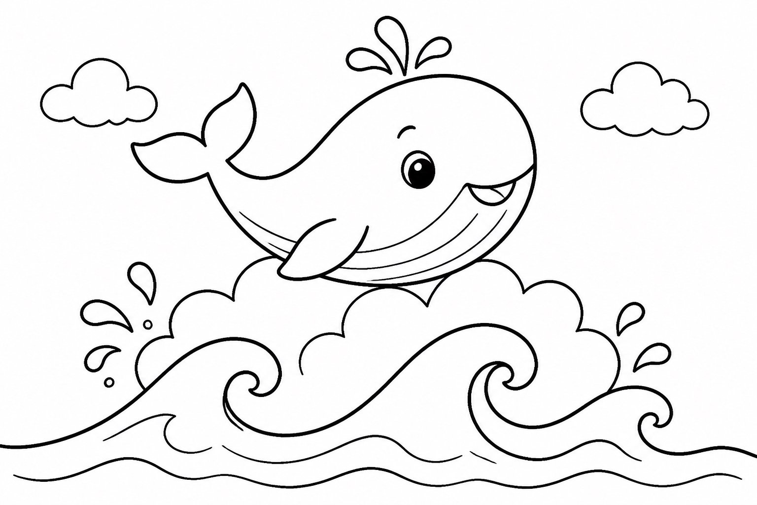 A pequena baleia salta sobre as ondas de nuvens