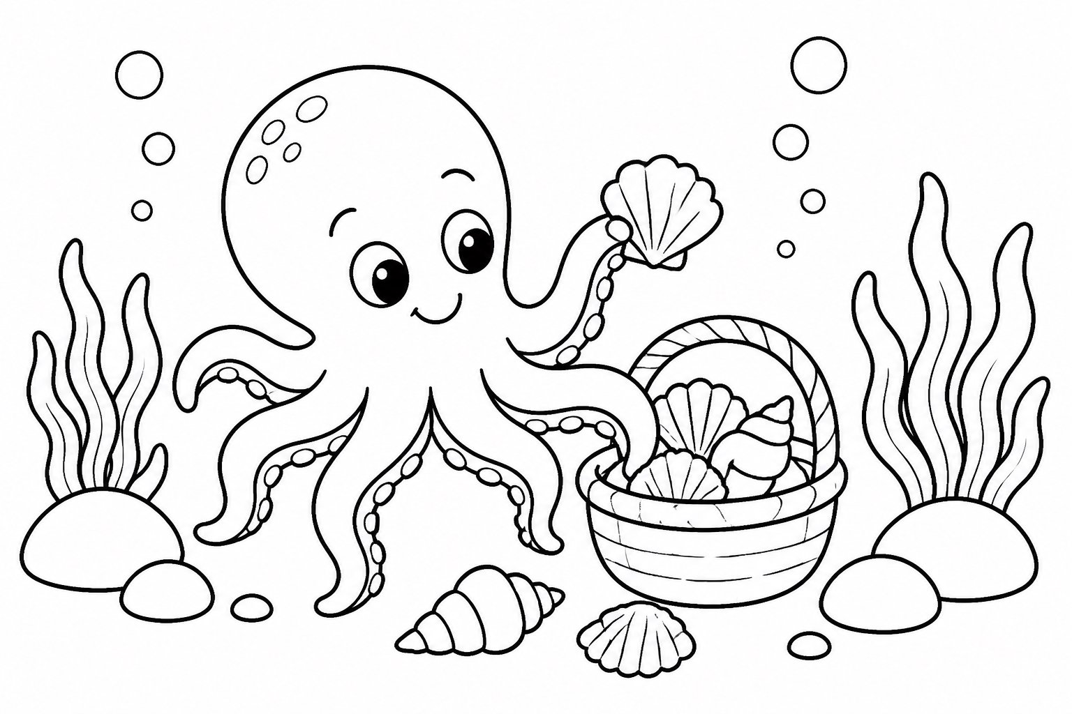 Pulpo pequeño ordenando conchas