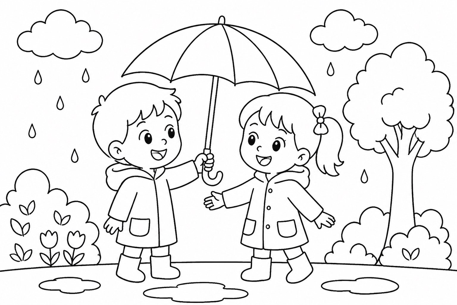 小朋友和朋友分享雨伞