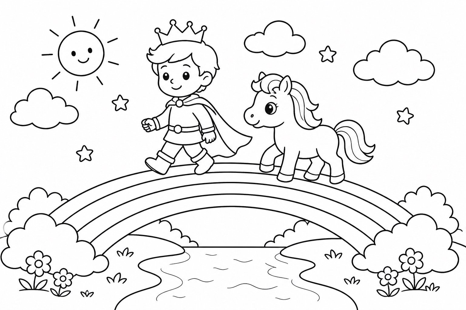 Prince et poney traversant le pont arc-en-ciel