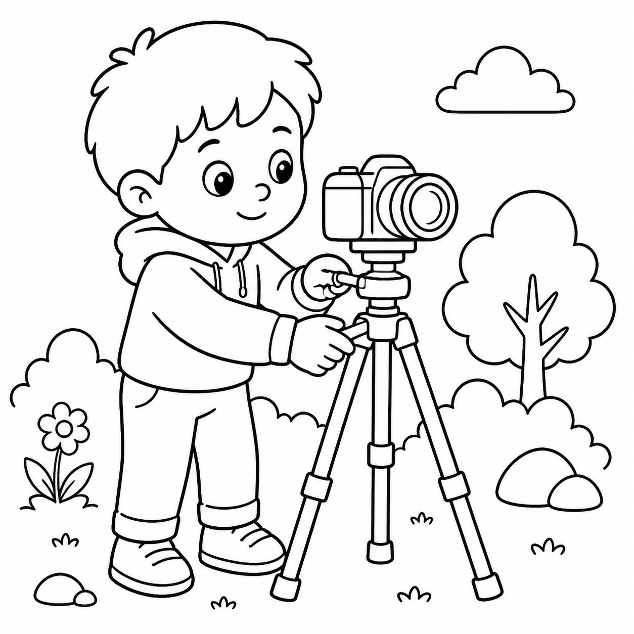カメラの三脚を調整する子どもたち