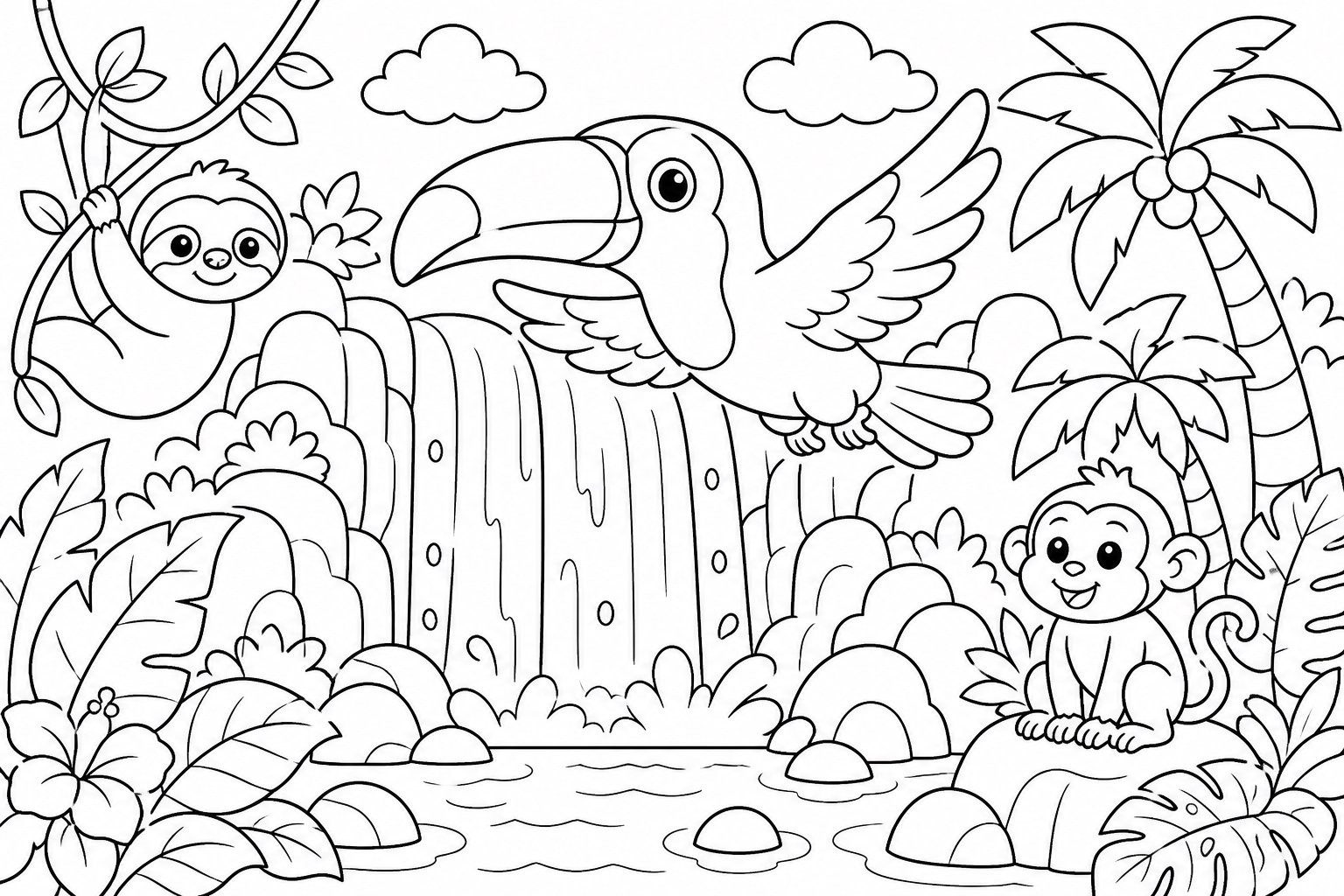 Toucan volant au-dessus de la cascade