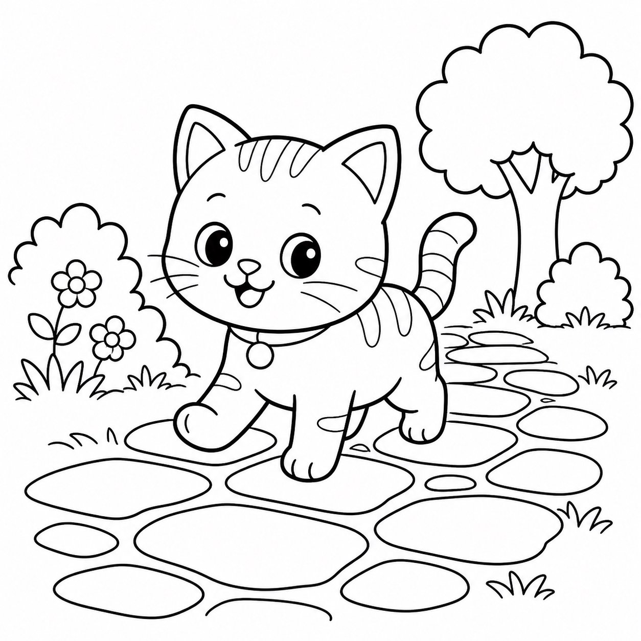 Котенок идет по каменной дорожке