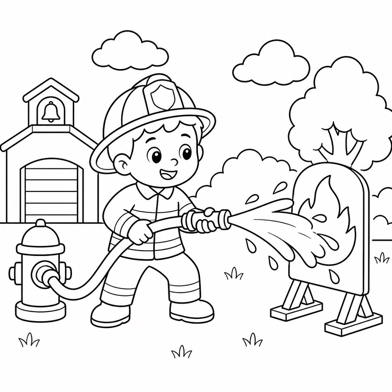 Pequeno bombeiro praticando borrifar água