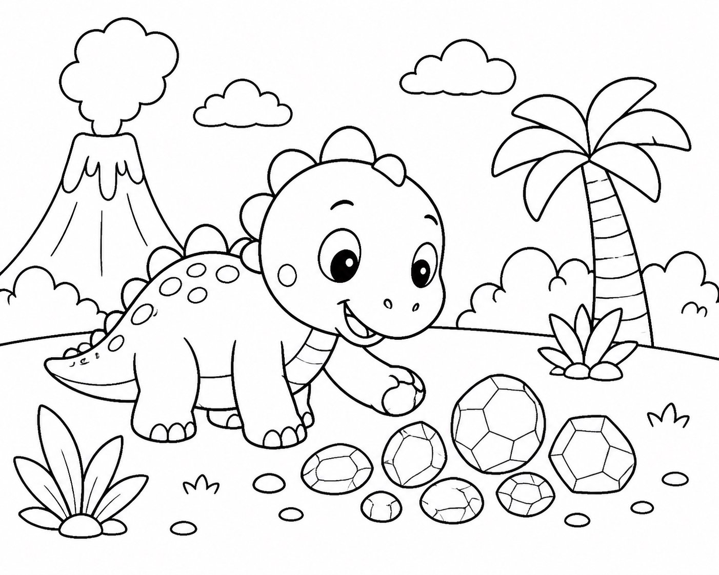 Bebé dinosaurio buscando piedras de colores