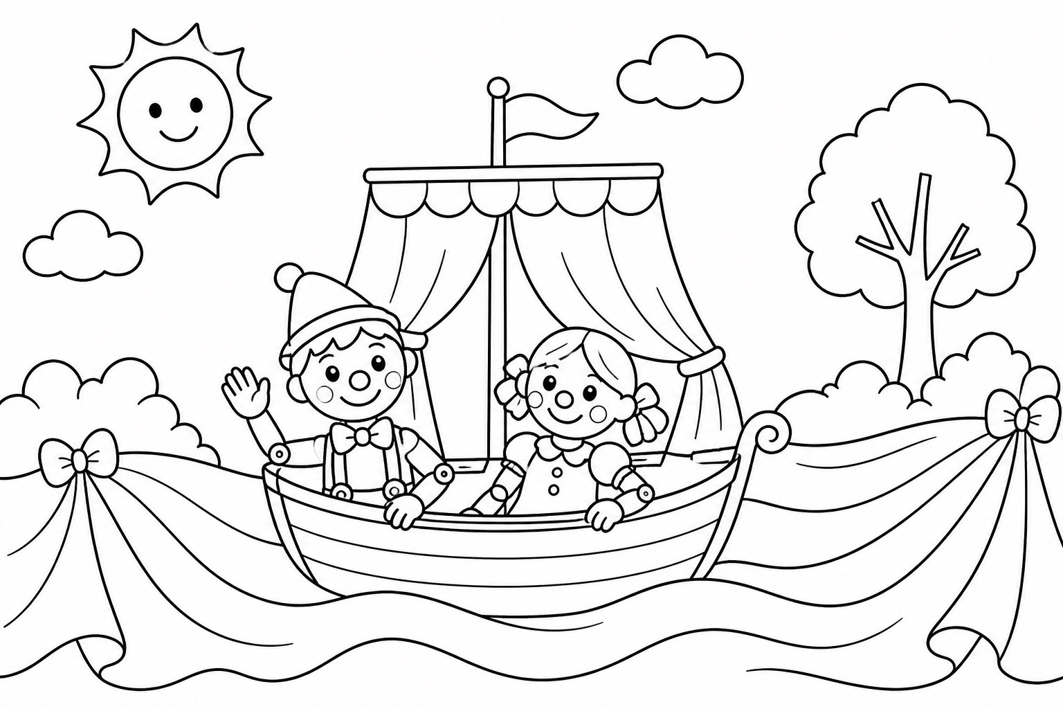 Petit bateau de marionnettes flottant sur la rivière de rideaux
