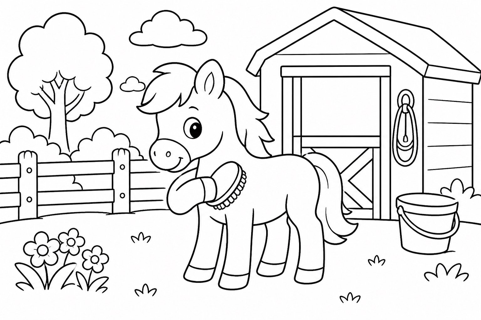 El poni se cepilla el pelaje frente al establo