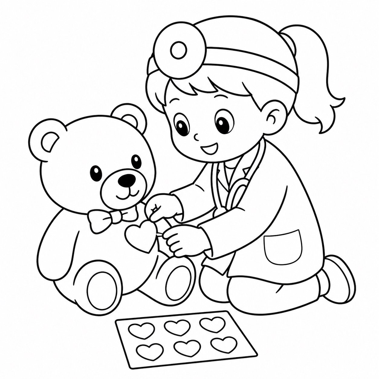 Pequeño médico pegando una pegatina de corazón a una muñeca