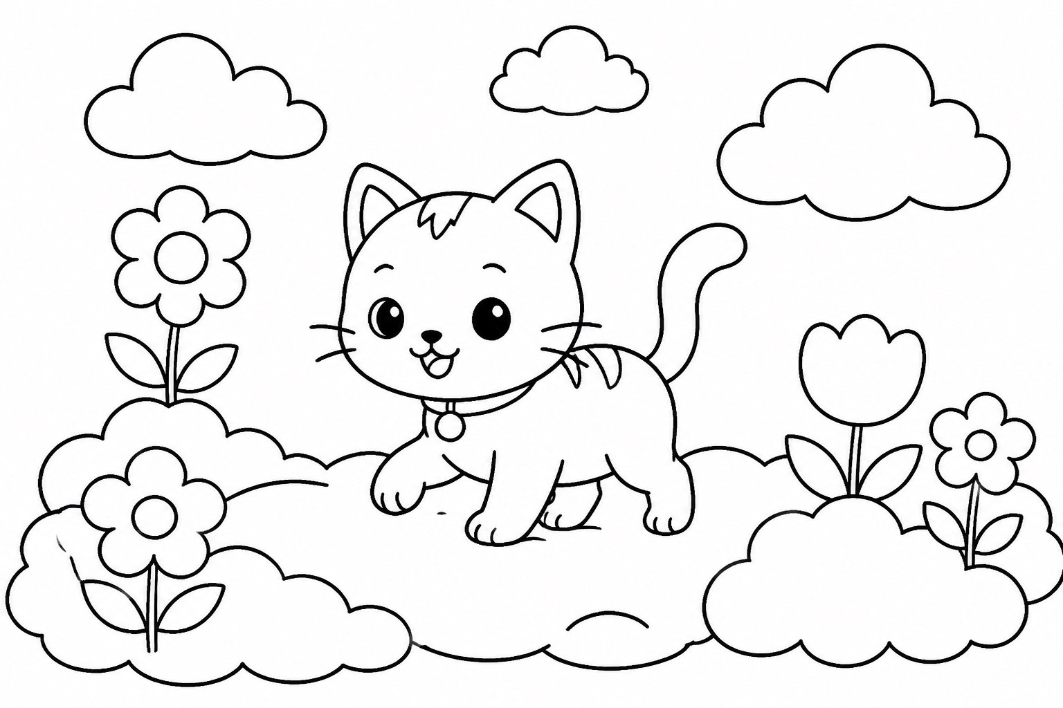 O gatinho passeia no jardim de nuvens