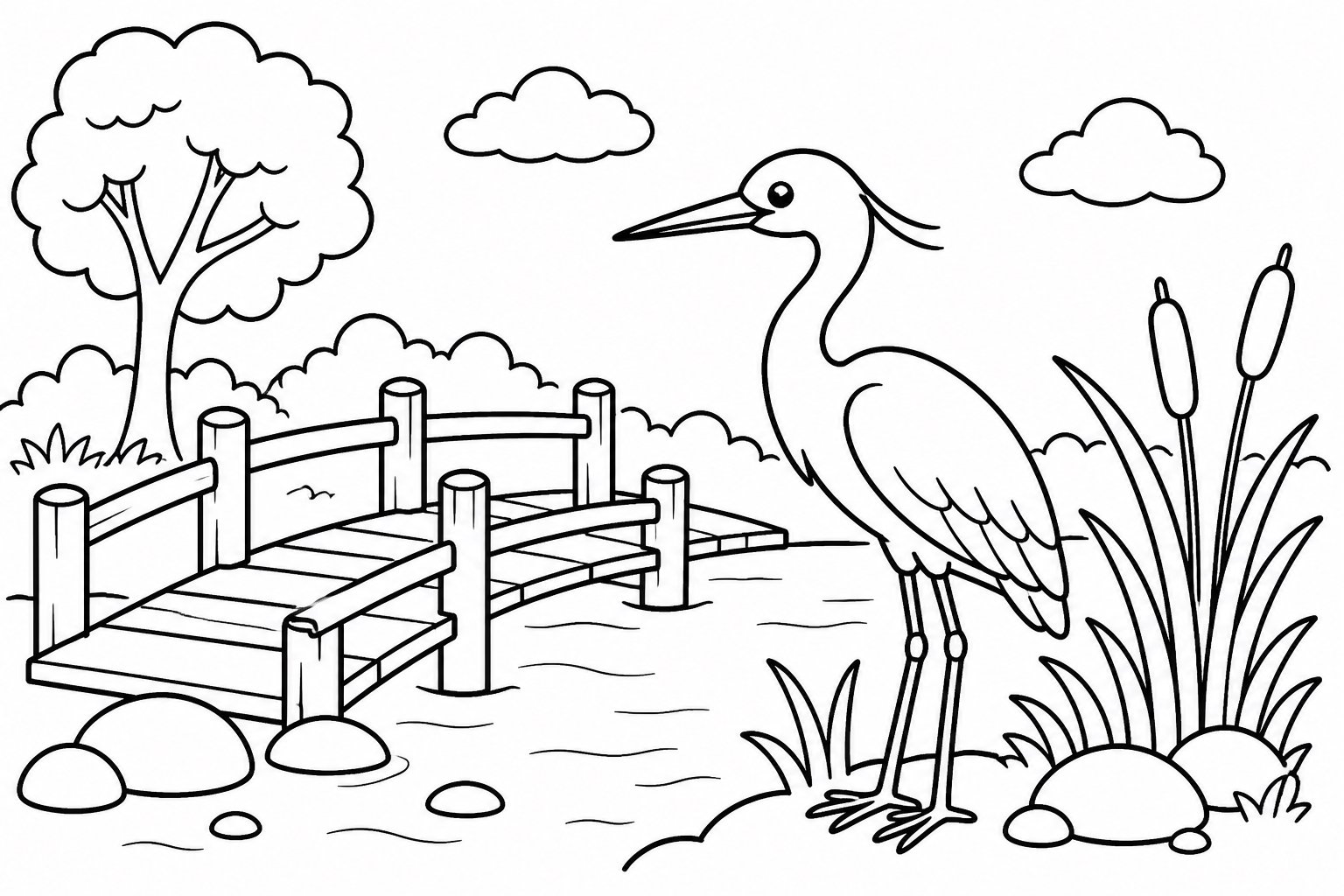 木橋のそばの白鷺