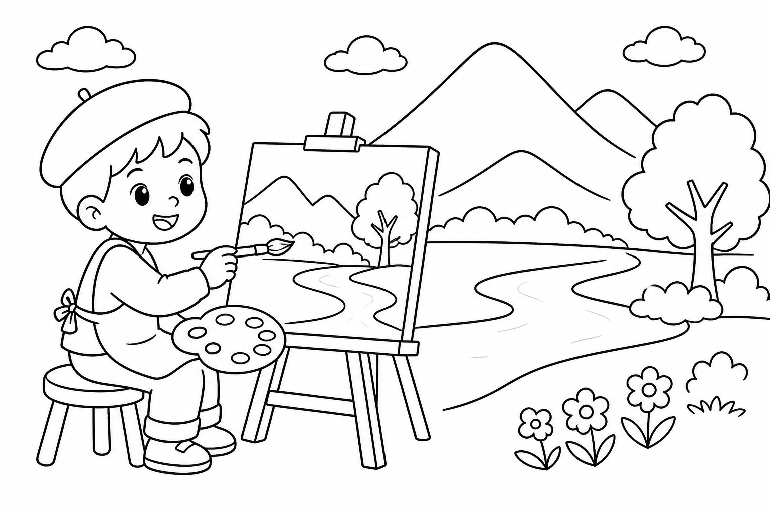 Petit peintre peignant un paysage