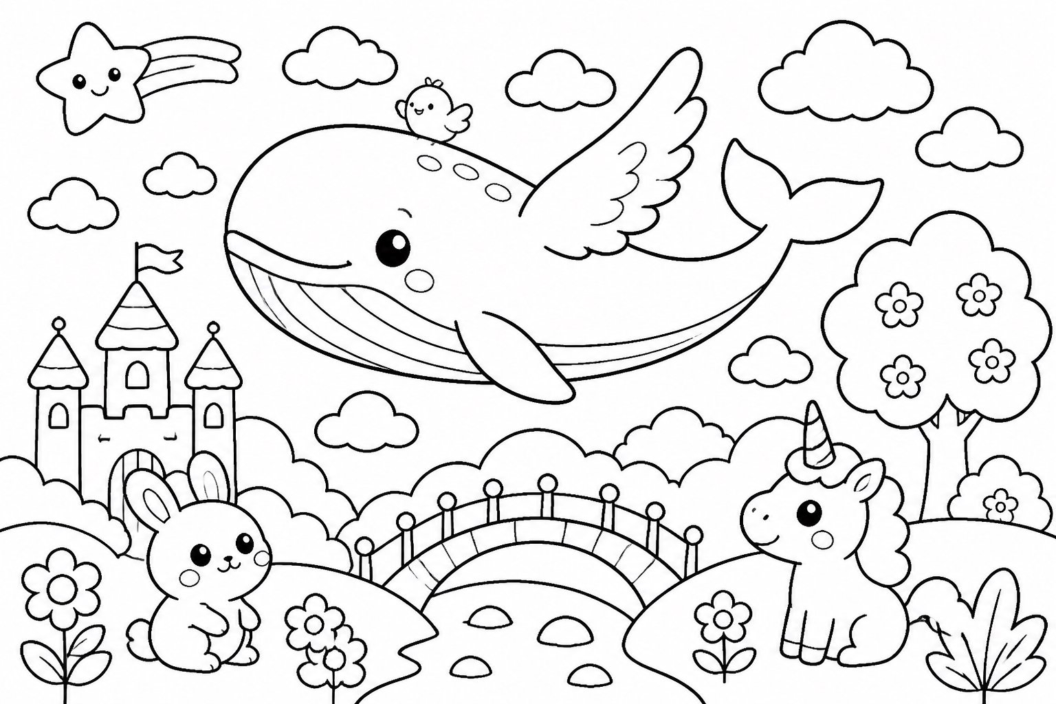 Baleine volante traversant les nuages