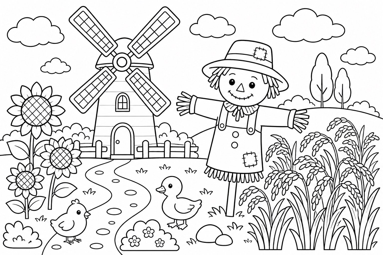 Épouvantail près du moulin à vent