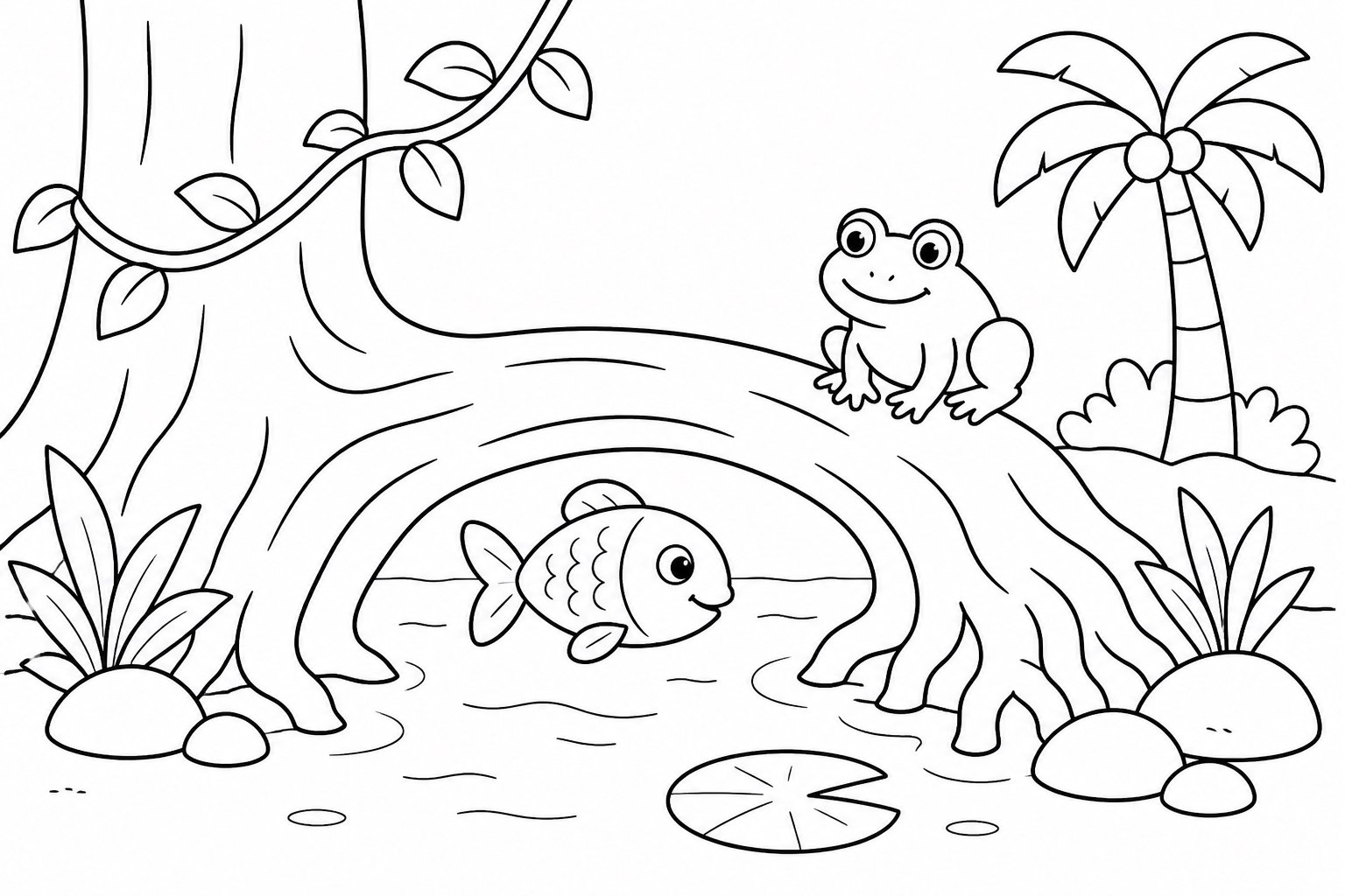 木の根の橋の下に隠れる小魚