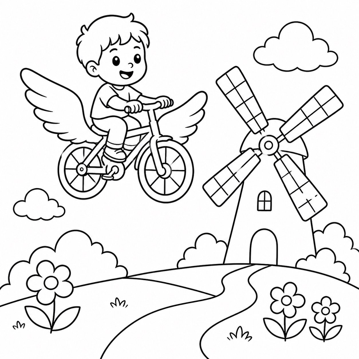 A bicicleta voadora passa pelo moinho de vento