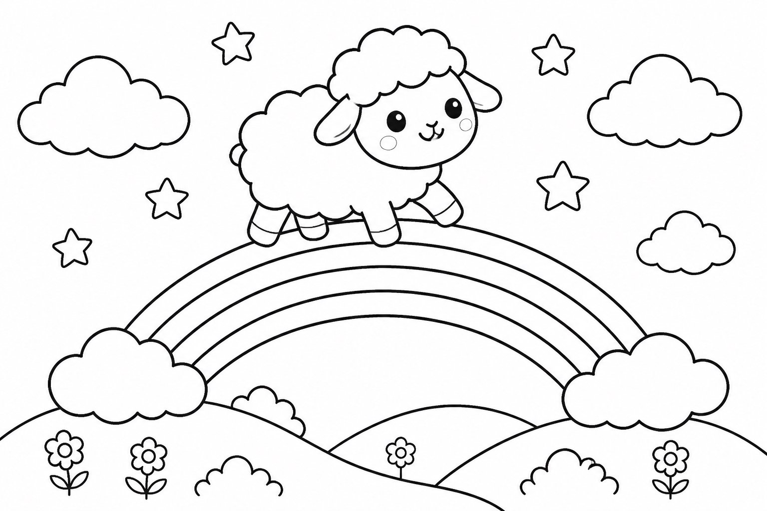 Le petit agneau nuage marche sur l’arc-en-ciel