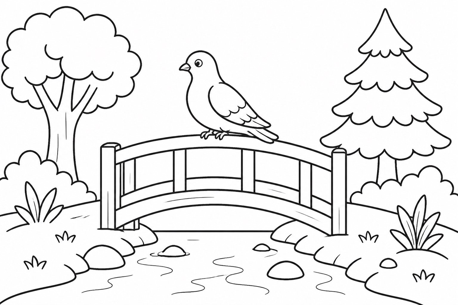 Pigeon perché sur un petit pont forestier