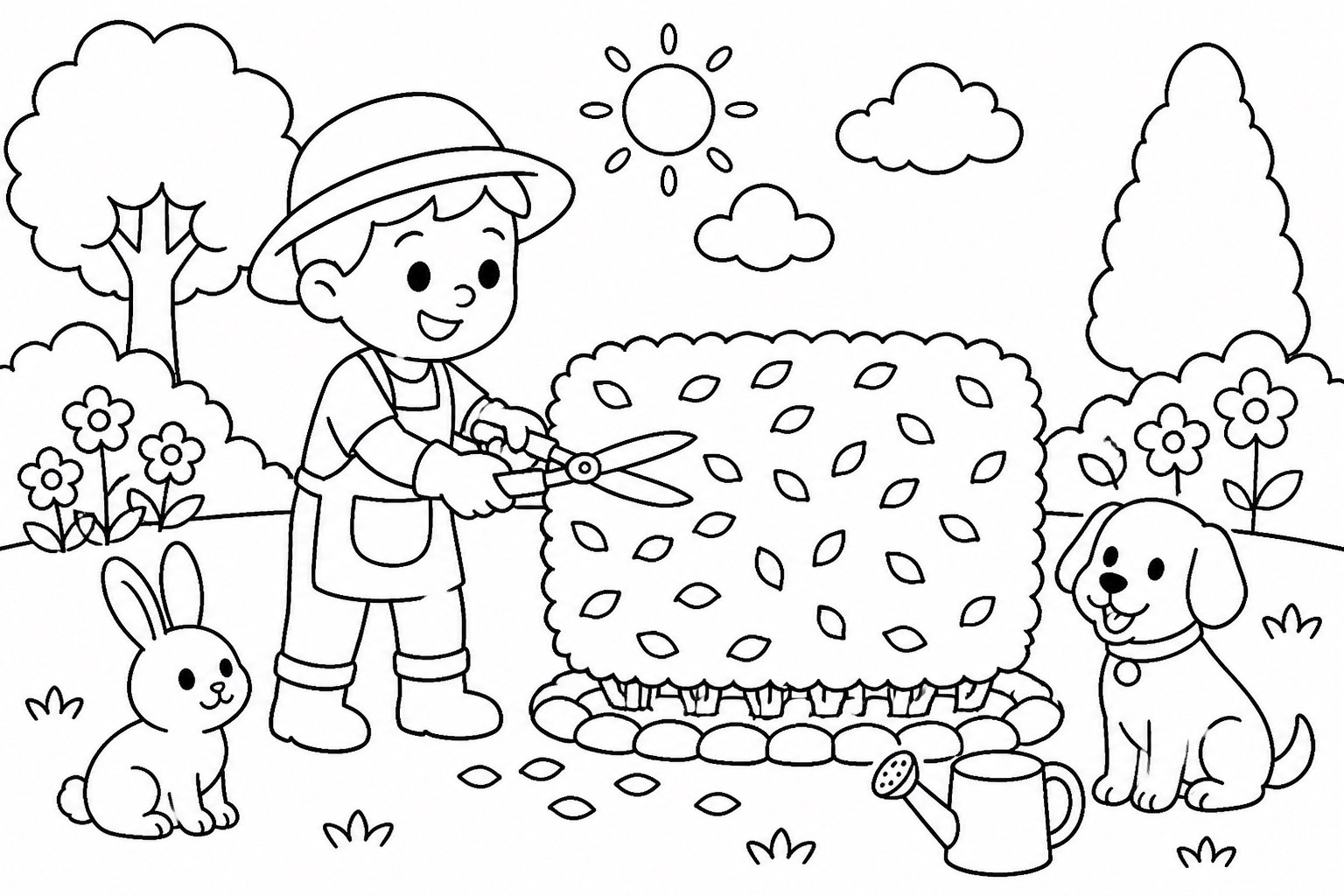 生垣を剪定する子どもたち