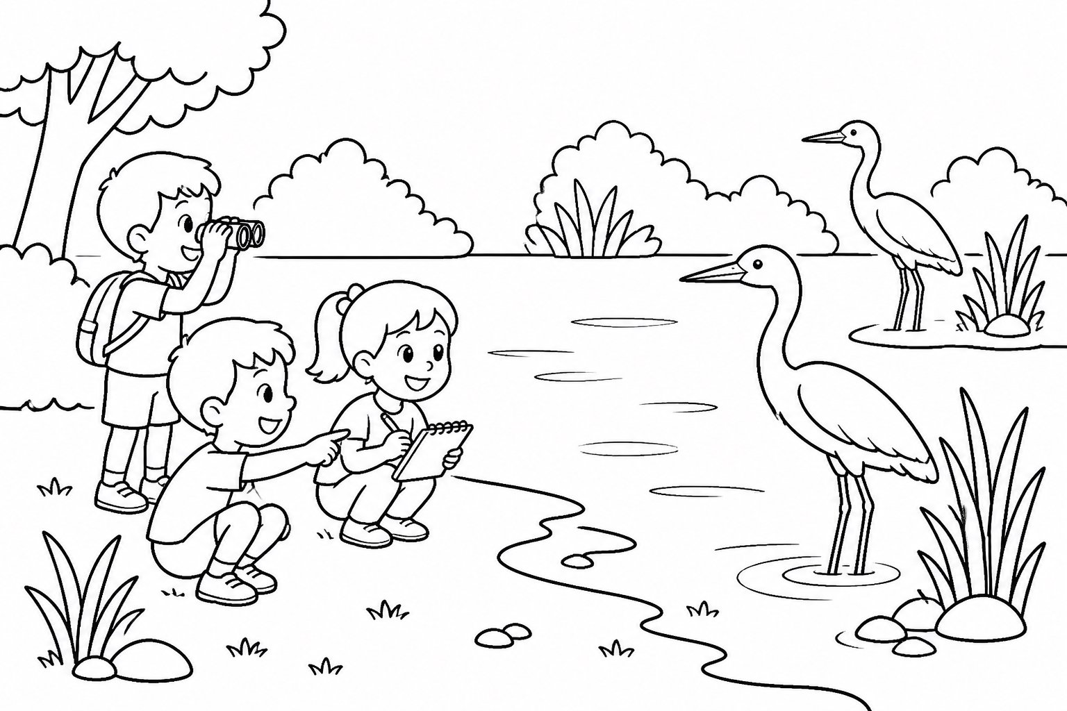 Kinder beobachten Reiher am See