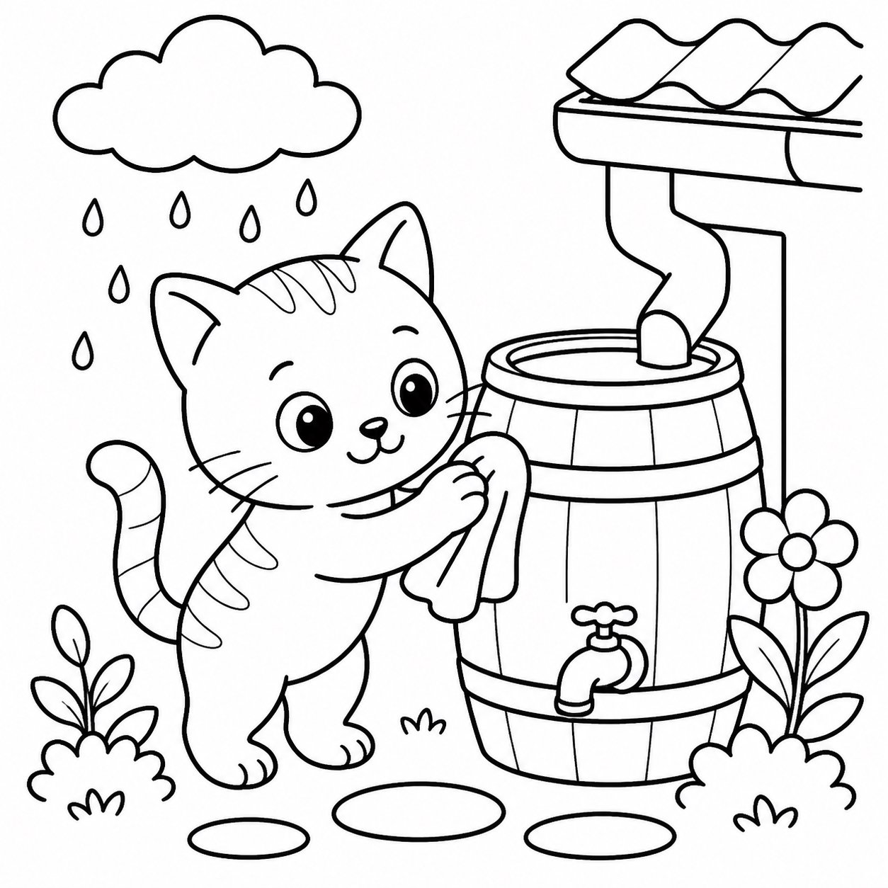 Кот ухаживает за бочкой с дождевой водой