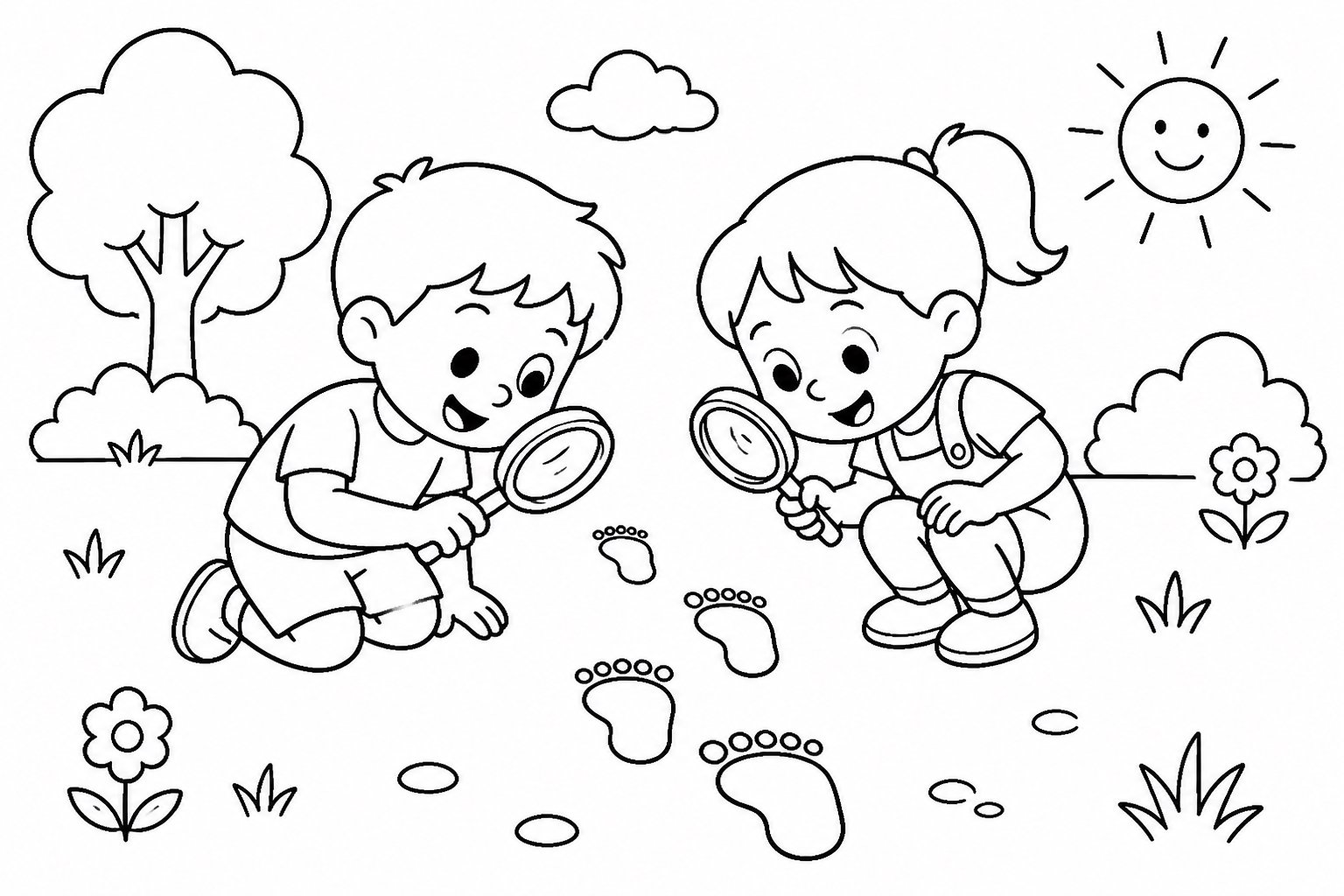 虫眼鏡で足跡を見る子どもたち