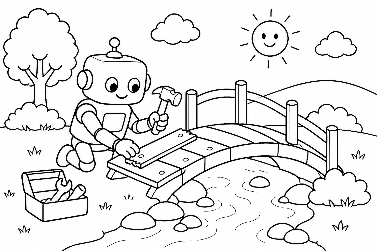 Pequeño robot reparando un pequeño puente