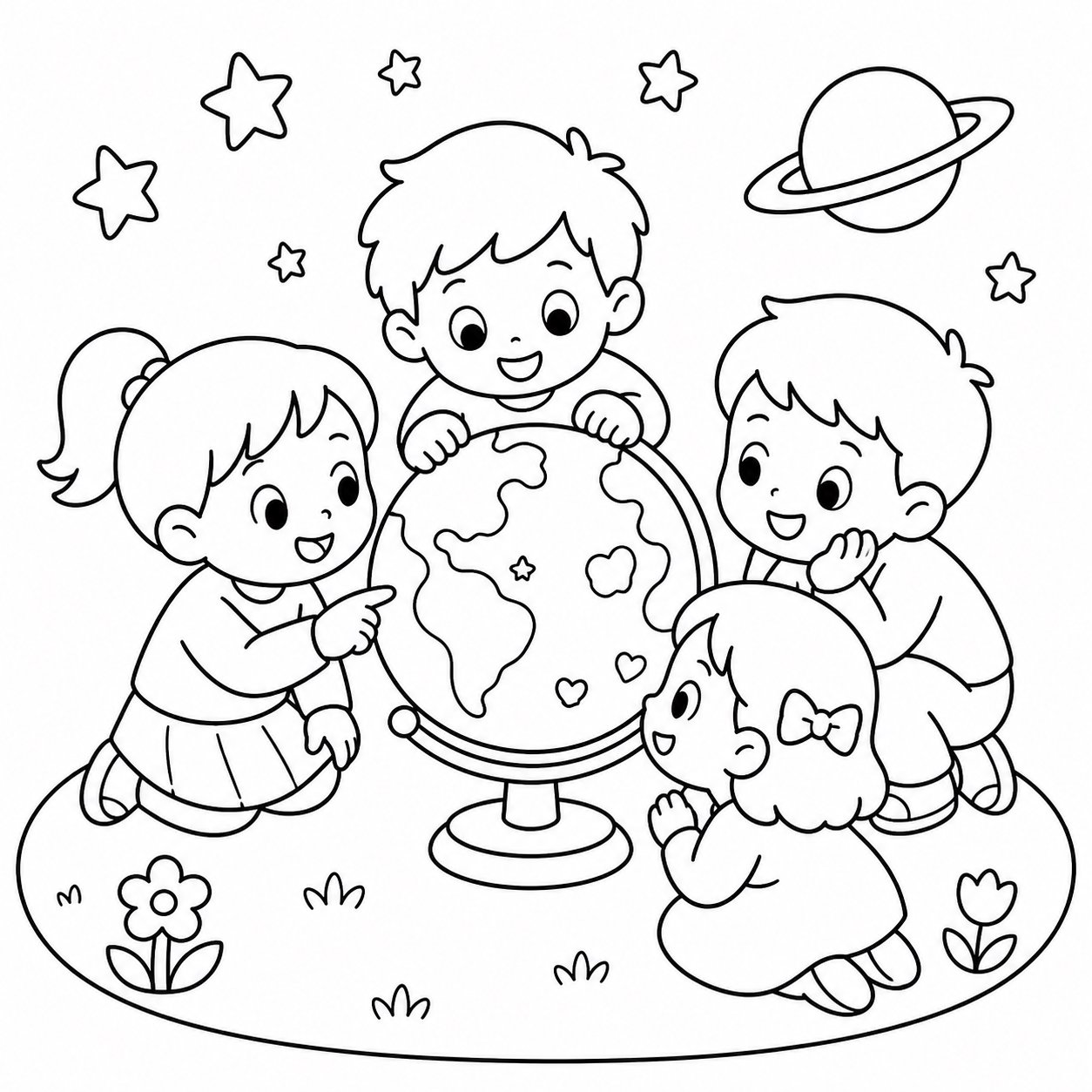Amigos reunidos alrededor de un pequeño planeta