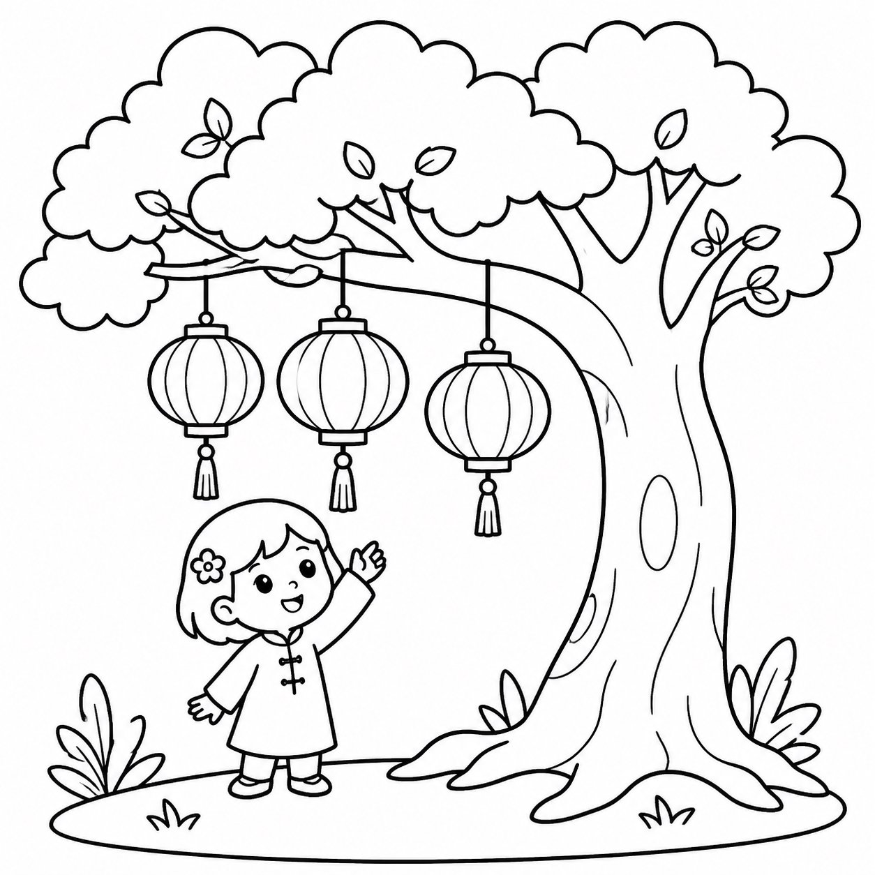 Farol de papel colgado bajo un árbol antiguo
