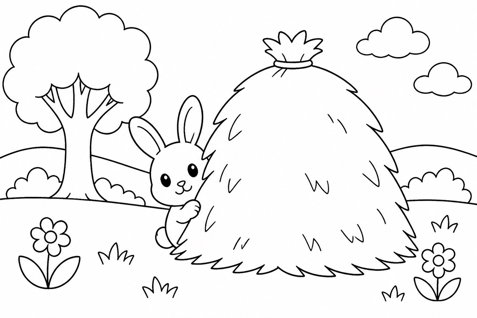 Petit lapin caché près d’une meule de foin