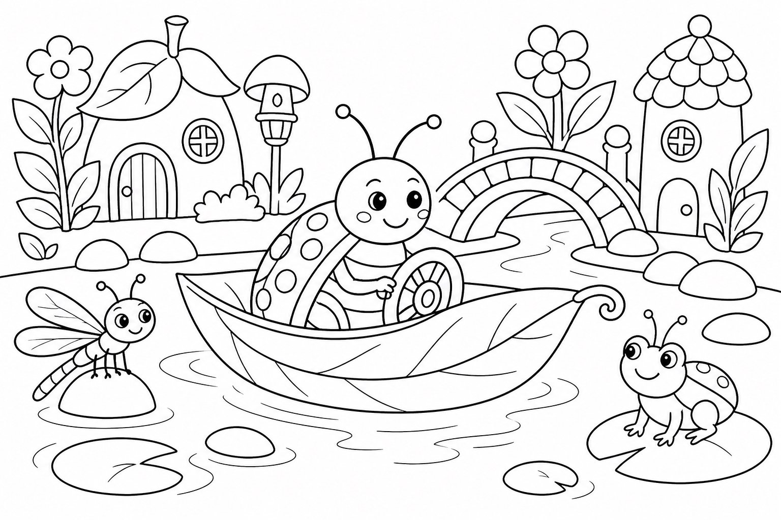 Le scarabée conduit un bateau de feuilles
