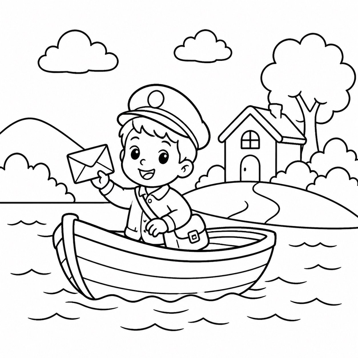 Pequeño cartero entregando cartas en barco