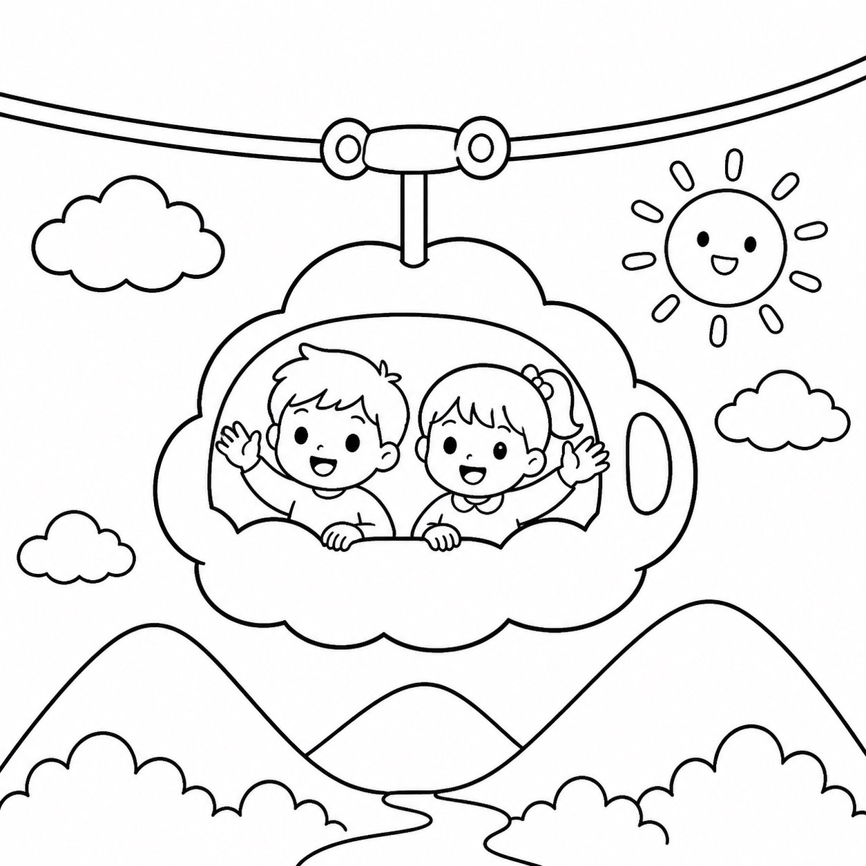 Uma criança anda no teleférico de nuvens