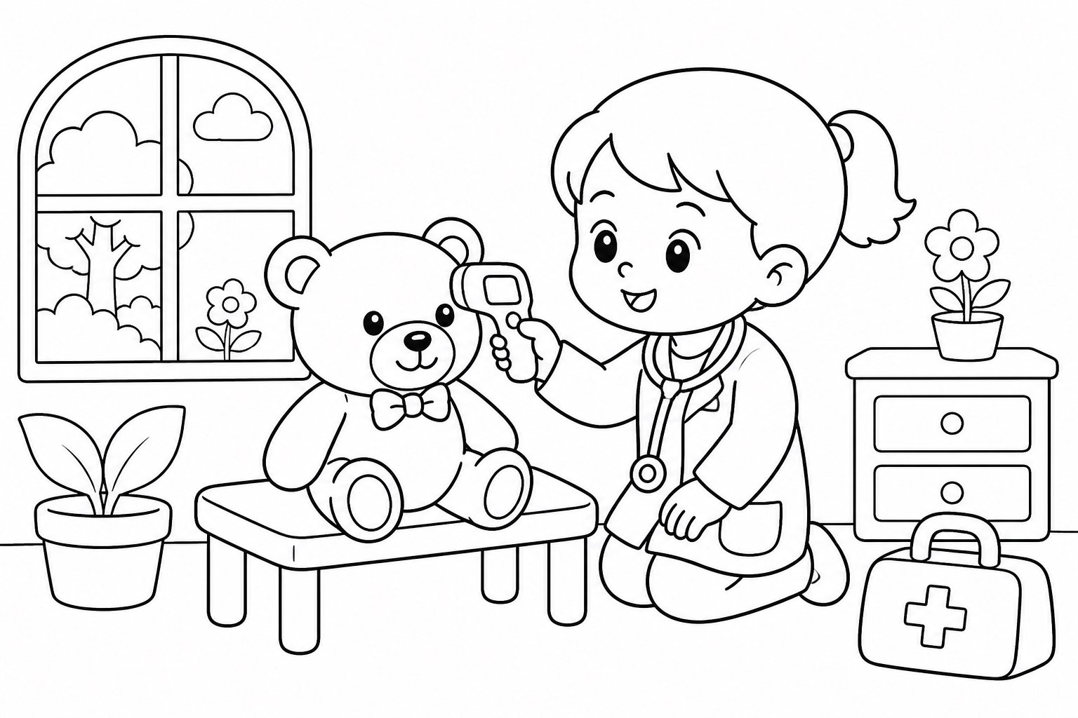 Niños tomando la temperatura de una muñeca