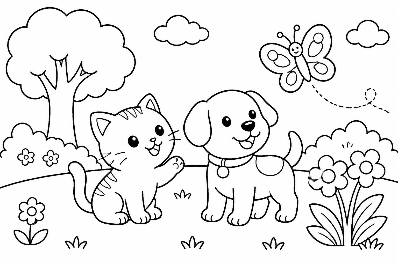 Chaton et chiot regardant un papillon